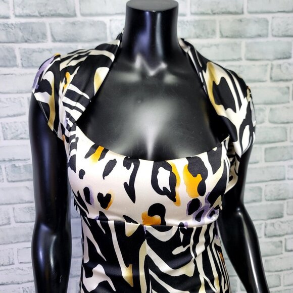 Cache Size 6 Silk Animal Print Ruched Cutout Back S/S Knee Length Dress Cocktail - Picture 2 of 12
